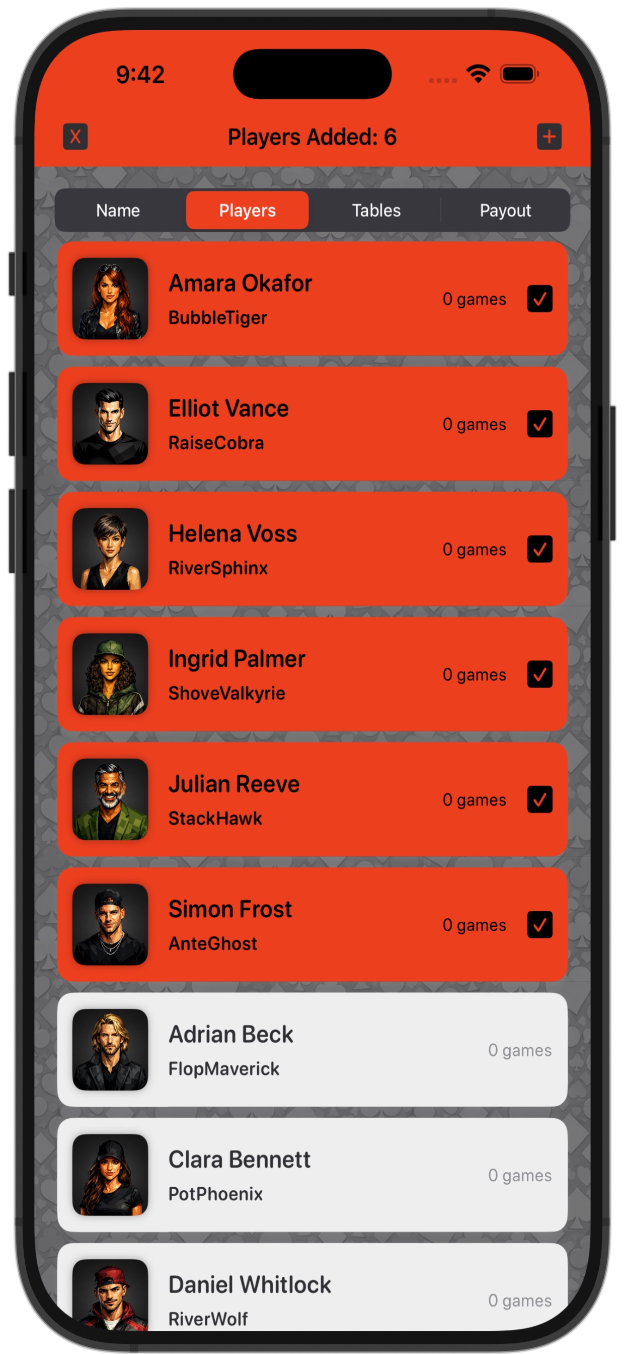 The player roster, each player with a nickname and an avatar