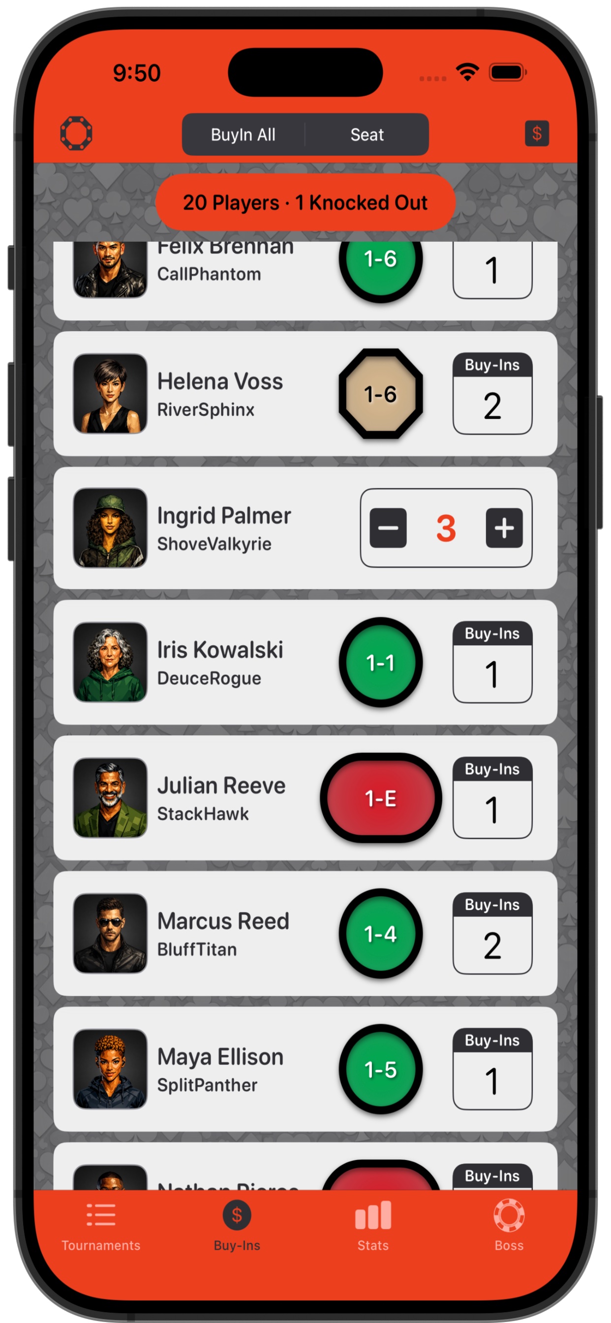 Tracking buy-ins and re-buys for each seated player